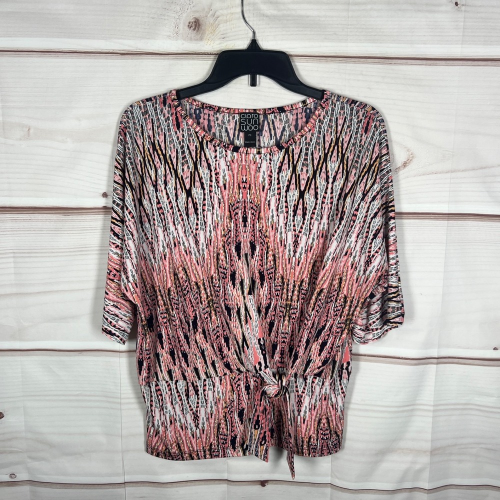 Clara Sun Woo Top Womens XS Pink Abstract Artsy Print Blouse Tie Front Knit